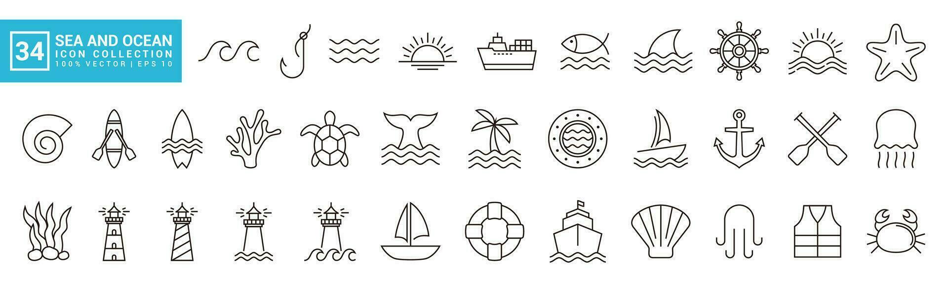 Collection icons of sea and beach, marine animals, marine vehicles, waves, editable and resizable EPS 10. vector