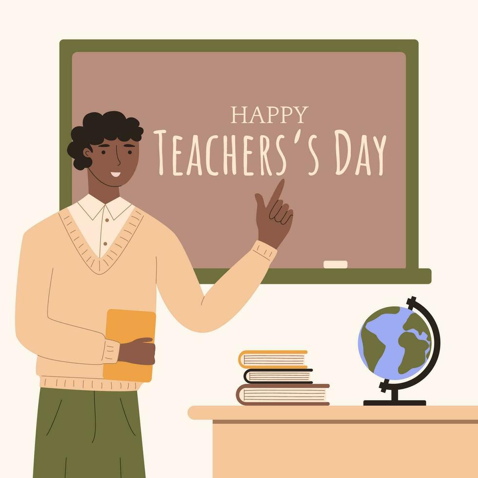 An african teacher in near the blackboard.African american teacher.Variety in education. Stock vector illustration.