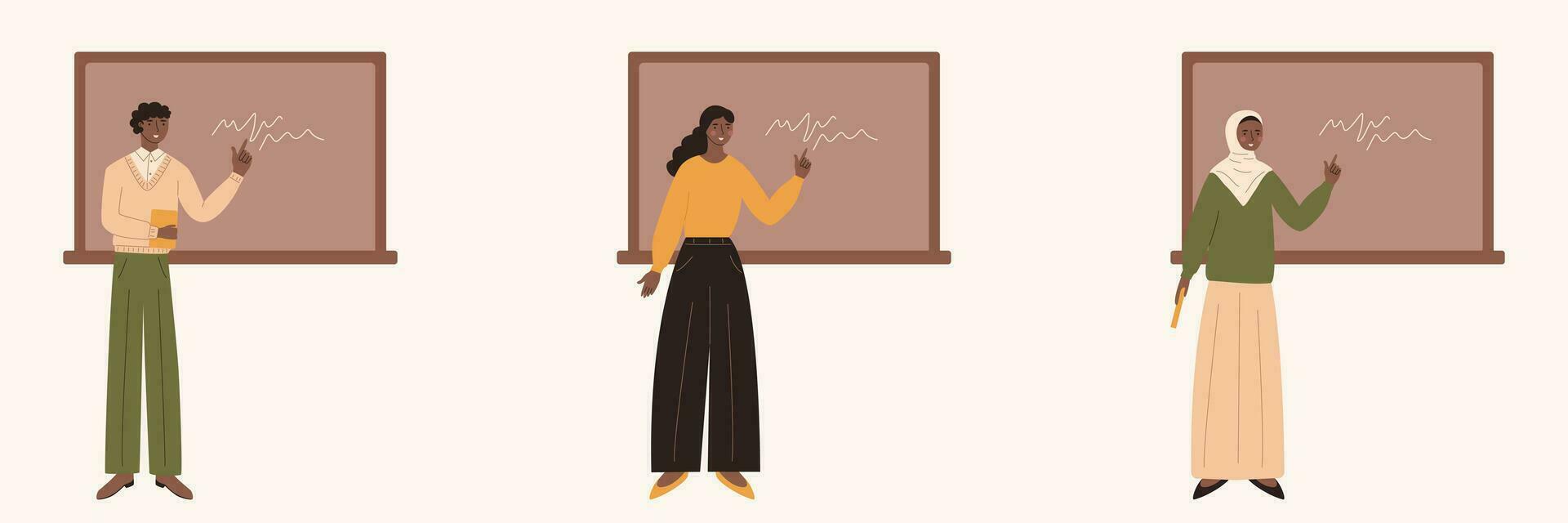 A set of illustrations of teachers near the board. African american teacher. A woman in a hijab. Variety in education. Stock vector illustration.