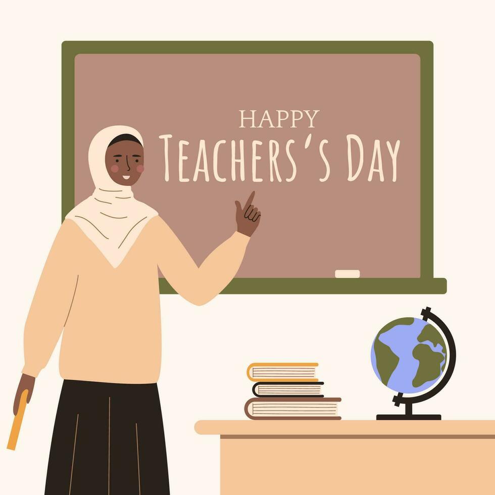 A teacher in a hijab near the blackboard.African american teacher.Variety in education. Stock vector illustration.