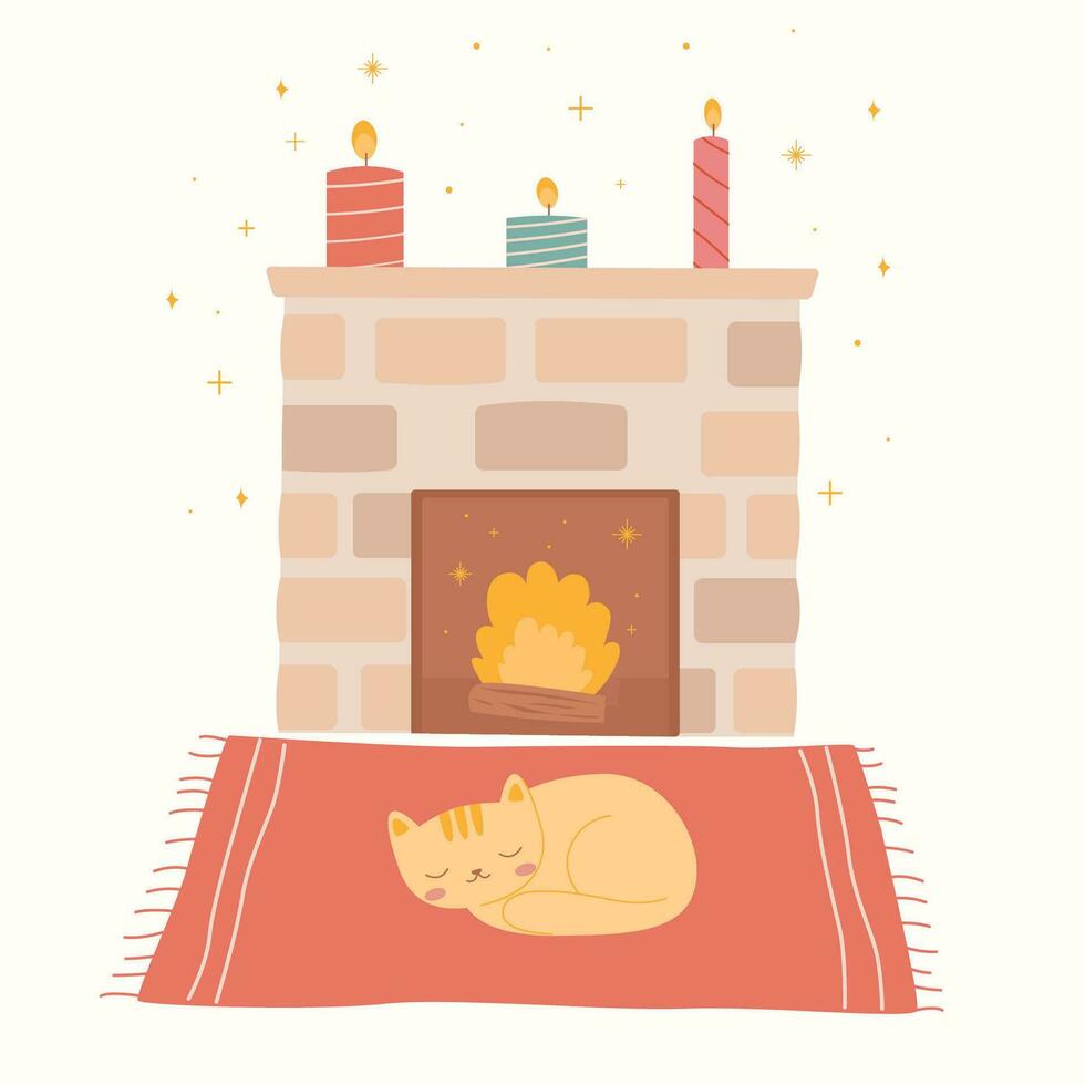 el gato mentiras en un alfombra cerca el chimenea. acogedor plano ilustración. linda gato acostado en cobija vector