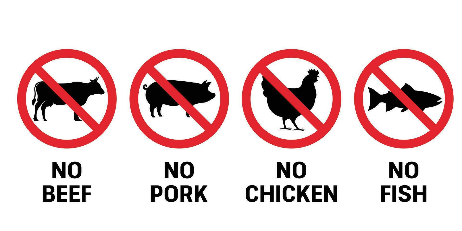 No pork, chicken, fish, and beef meat signs. No animal sign symbol icon