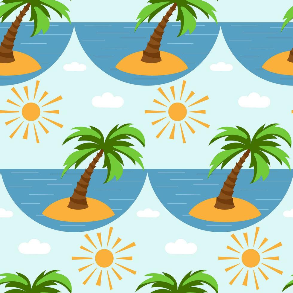 Vector seamless pattern with palm tree, sea and sun. Summer pattern in a flat style. Summer print.