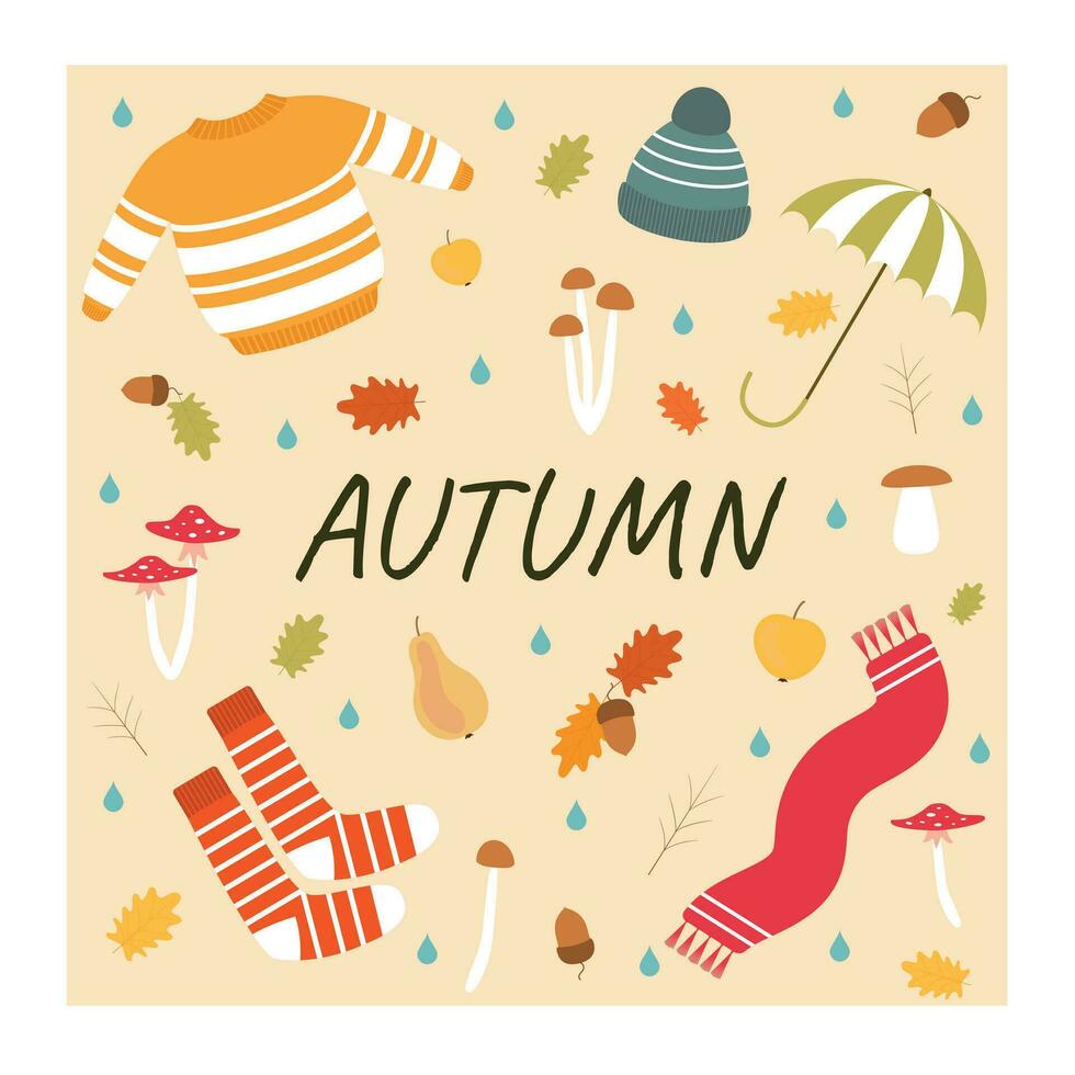 Vector illustration. Coldection of autumn icons. Clothes, mushrooms, fruits