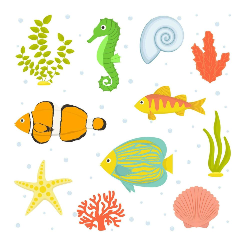 Vector illustration. Collection of silhouettes of seashells, seahorse, fish, algae and starfish in cartoon style.