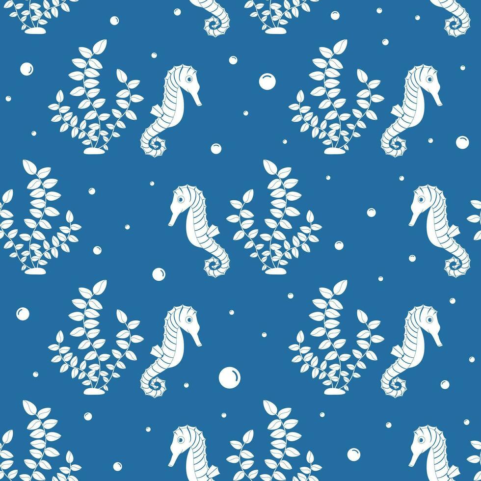 Vector seamless pattern on a blue background. Seahorse and seaweed in cartoon style. Summer, beach.
