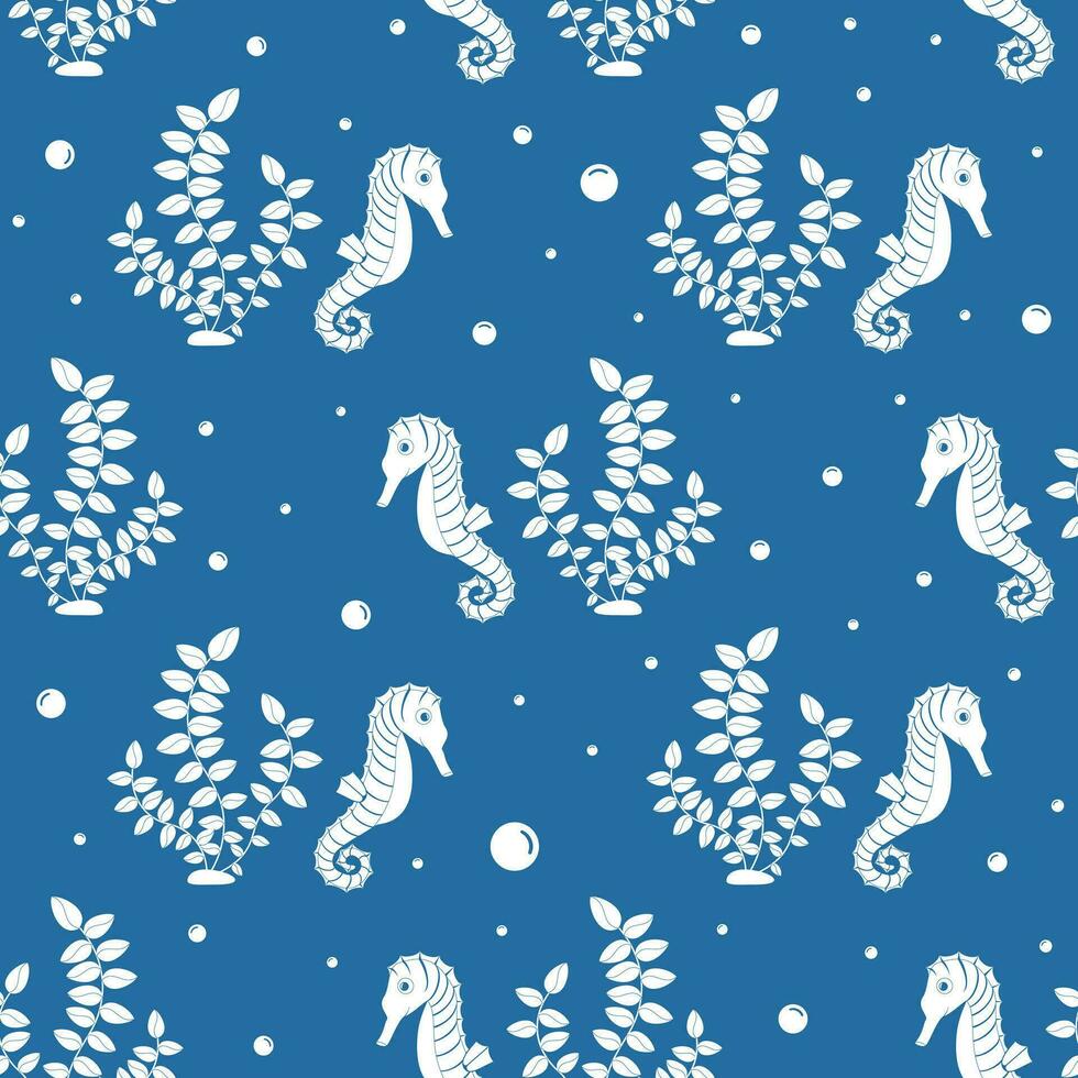 Vector seamless pattern on a blue background. Seahorse and seaweed in cartoon style. Summer, beach.