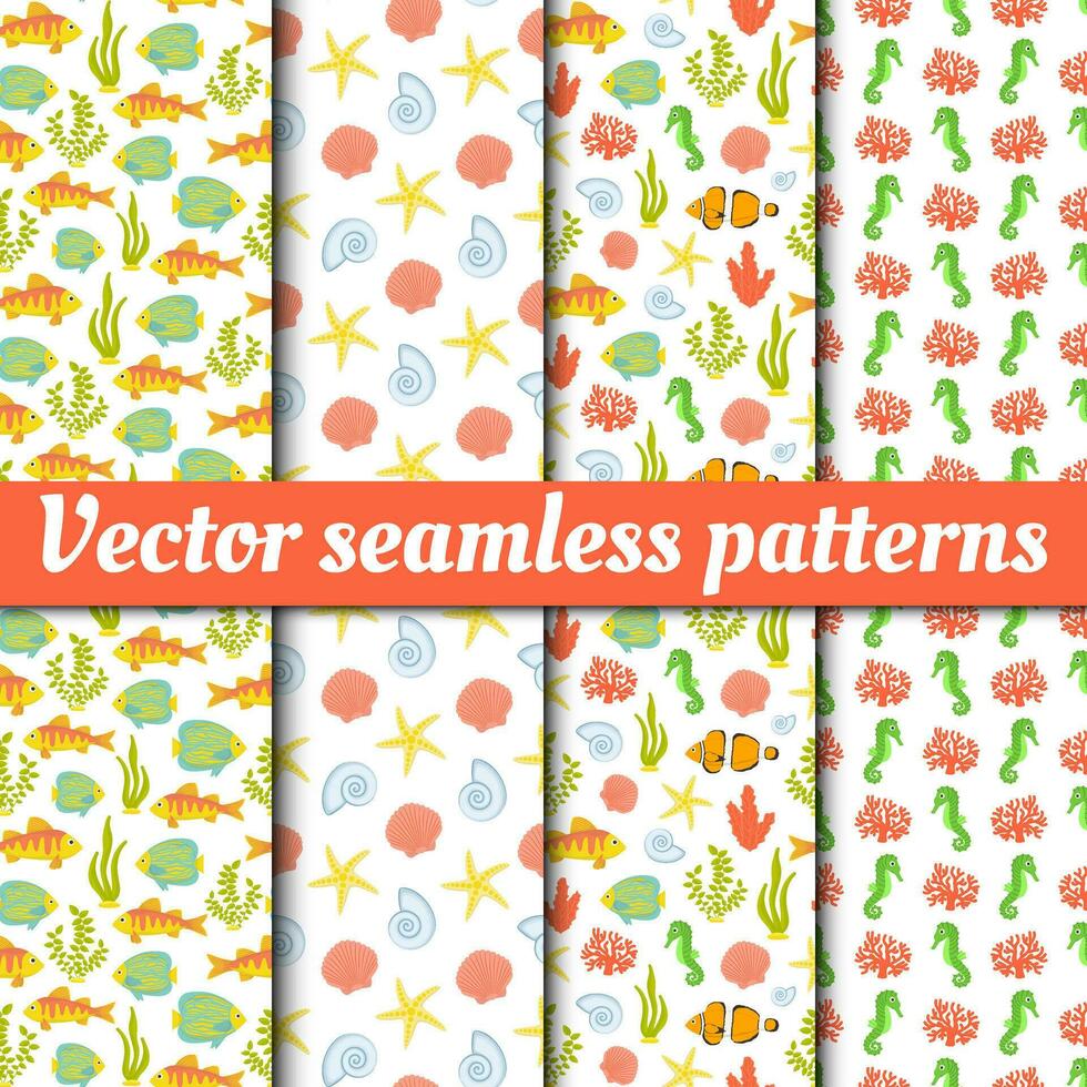 A collection of vector seamless patterns. Underwater world in cartoon style. Summer, sea, fish, shells, algae