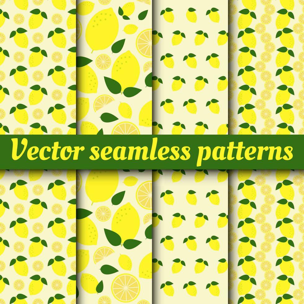 un colección de vector sin costura patrones. antecedentes de Fresco limones vistoso fondo de pantalla vector. sin costura modelo con un colección de Fresco frutas decorativo ilustración adecuado para impresión.