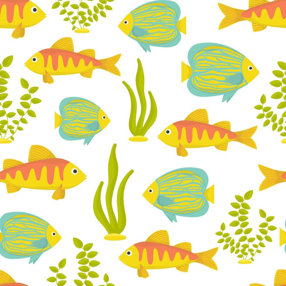 Vector seamless pattern. Underwater world in cartoon style. Summer, sea, fish algae