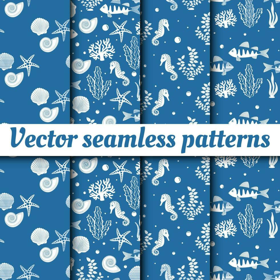 A collection of vector seamless patterns on a blue background. Underwater world in cartoon style. Summer, sea, fish, shells, algae