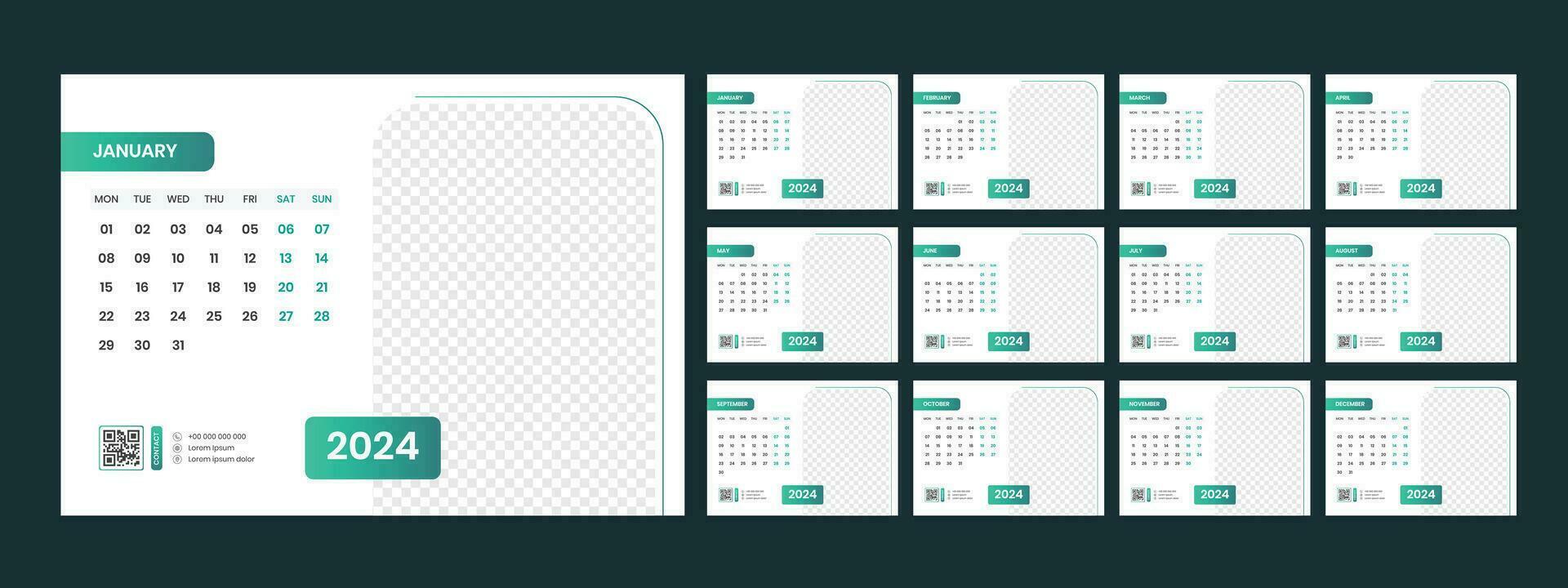 Calendar 2024 planner corporate template design set. Week starts on