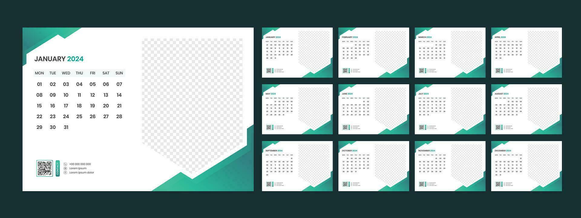 Calendar 2024 planner corporate template design set. Week starts on Monday. template for annual calendar 2024 vector