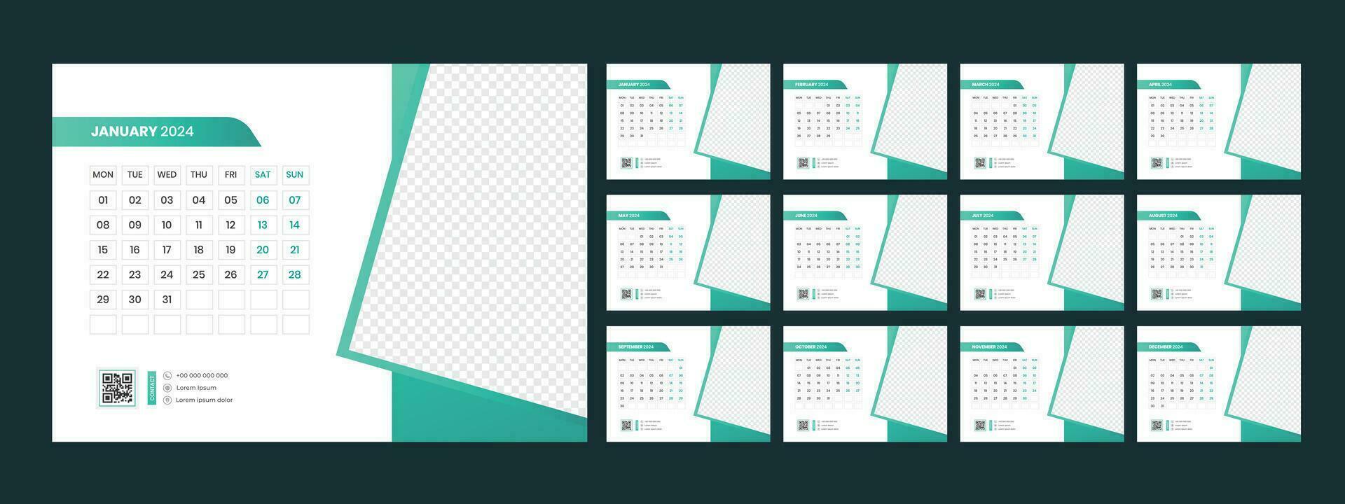 Calendar 2024 planner corporate template design set. Week starts on Monday. template for annual calendar 2024 vector