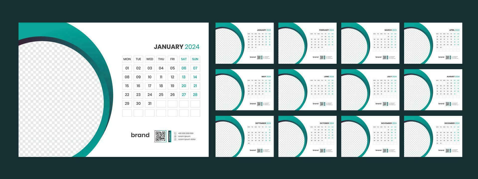 Calendar 2024 planner corporate template design set. Week starts on Monday. template for annual calendar 2024 vector