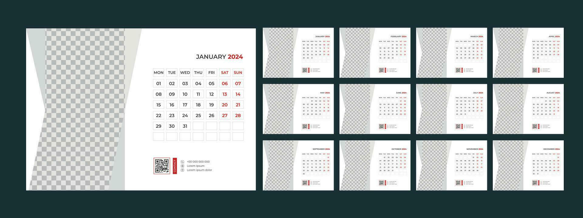 calendario, 2024, escritorio, plantilla, diseño vector