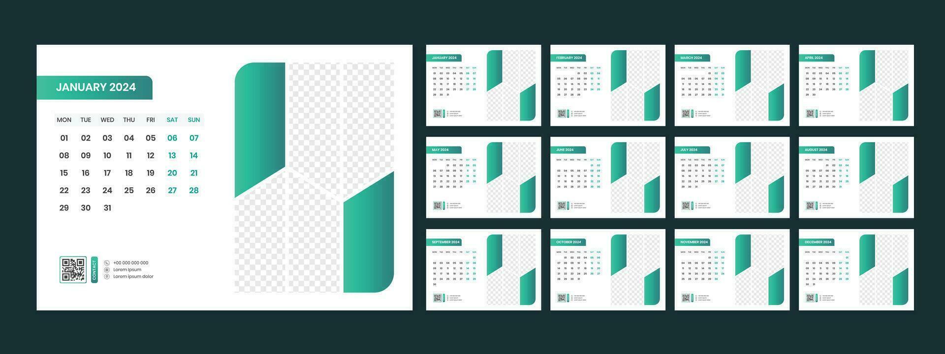 Calendar 2024 planner corporate template design set. Week starts on Monday. template for annual calendar 2024 vector