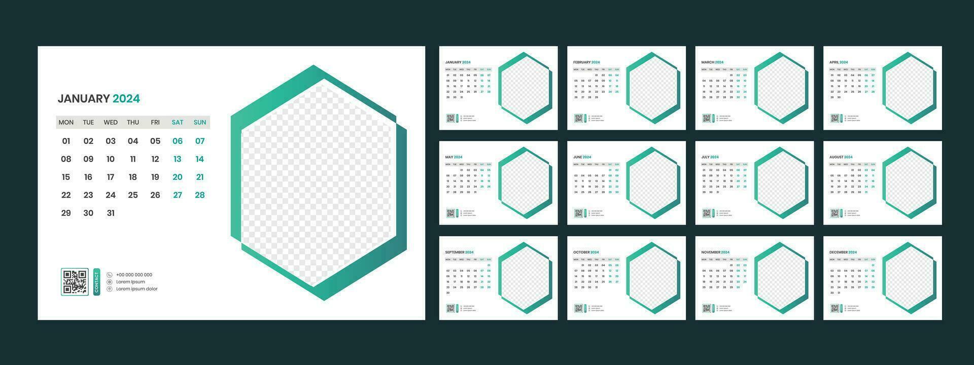 Calendar 2024 planner corporate template design set. Week starts on Monday. template for annual calendar 2024 vector