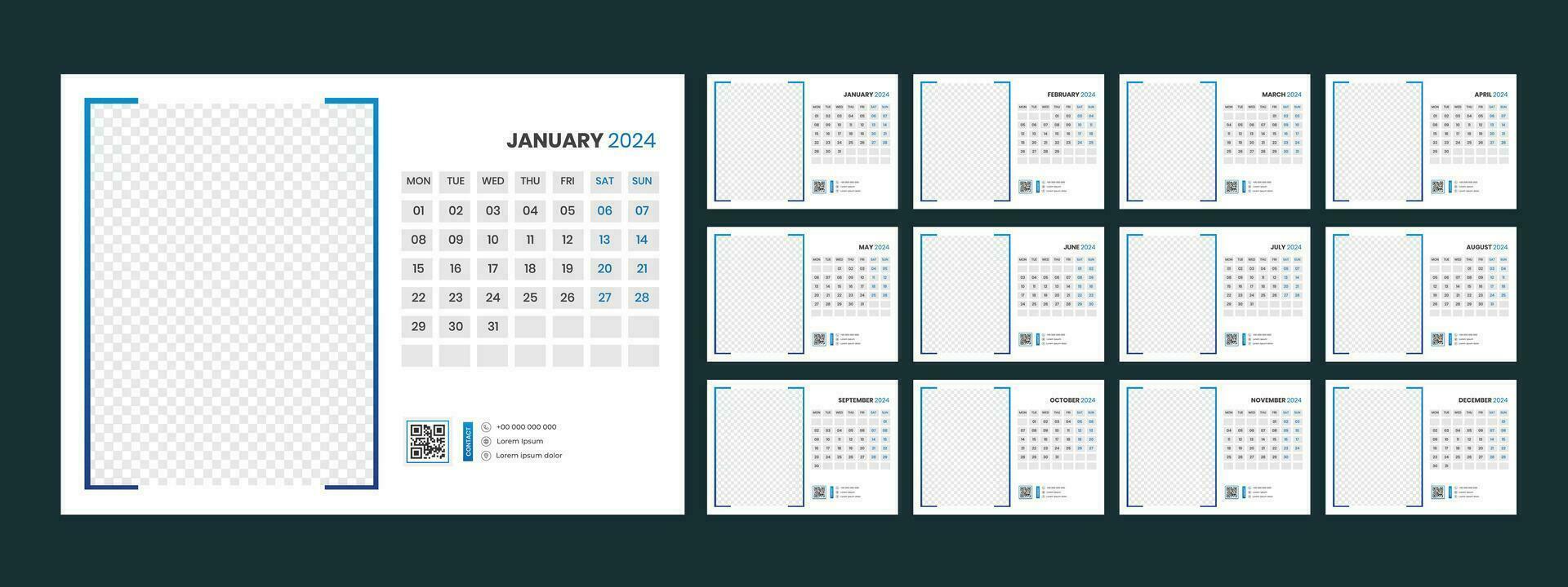 calendario 2024 planificador corporativo modelo diseño colocar. semana empieza en lunes. modelo para anual calendario 2024 vector