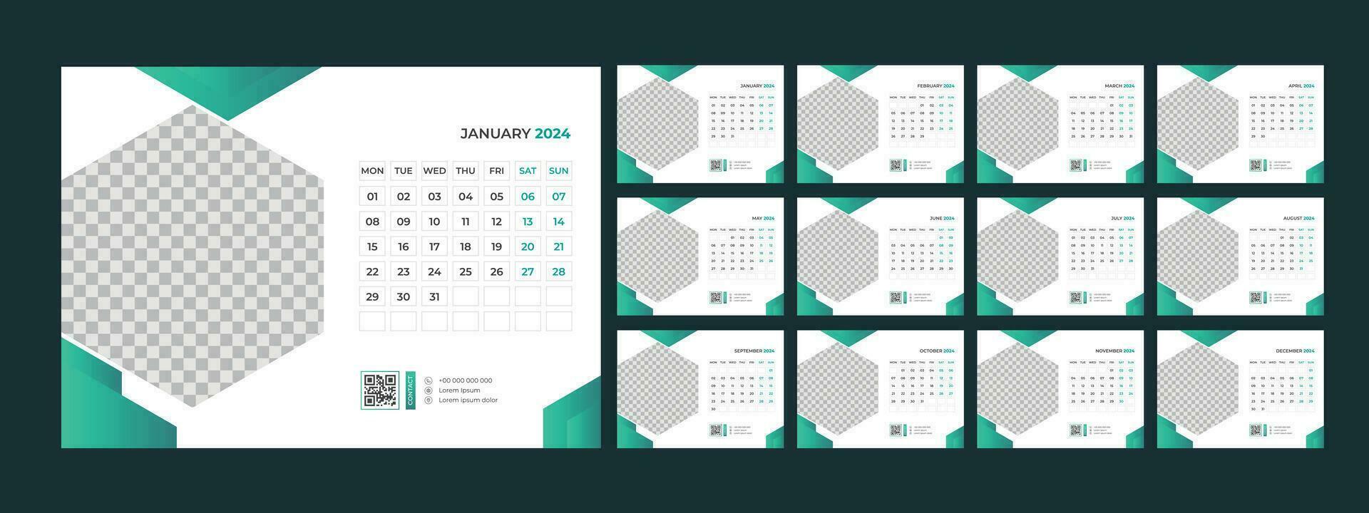 calendario, 2024, escritorio, plantilla, diseño vector