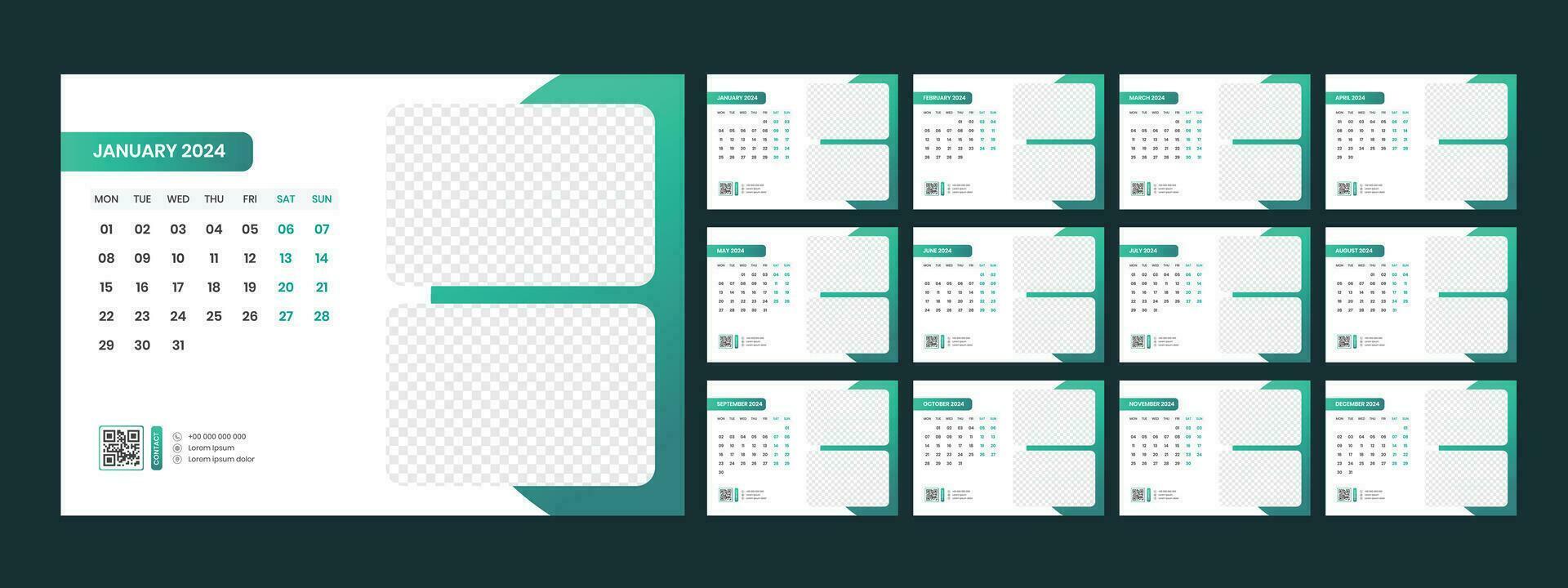 Calendar 2024 planner corporate template design set. Week starts on Monday. template for annual calendar 2024 vector