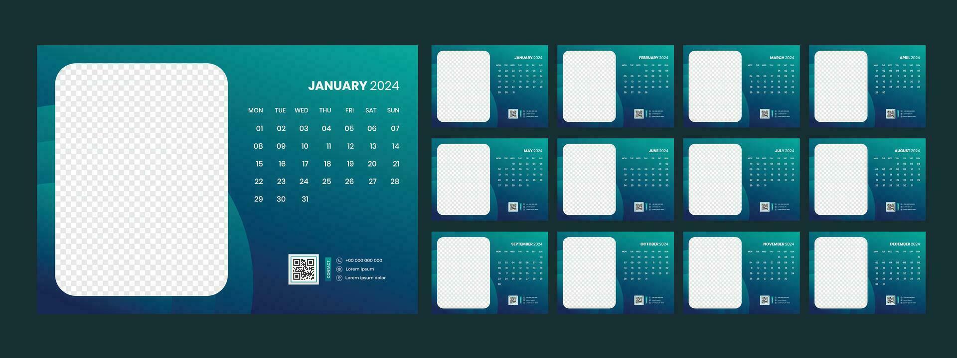 Calendar 2024 planner corporate template design set. Week starts on Monday. template for annual calendar 2024 vector