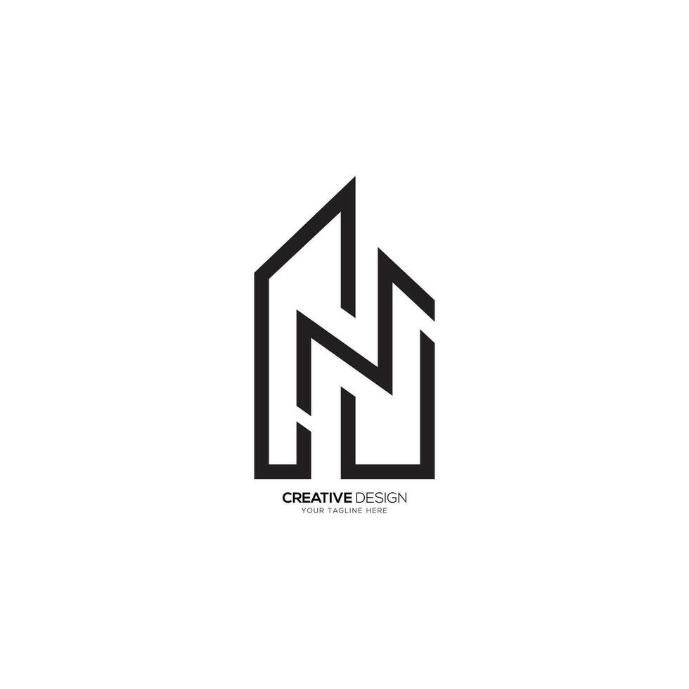Modern building shape letter c n j unique line art monogram logo. C logo. N logo. J logo vector
