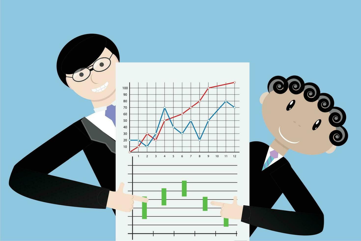 Team present successful indexes. Presentation chart and graph, vector illustration