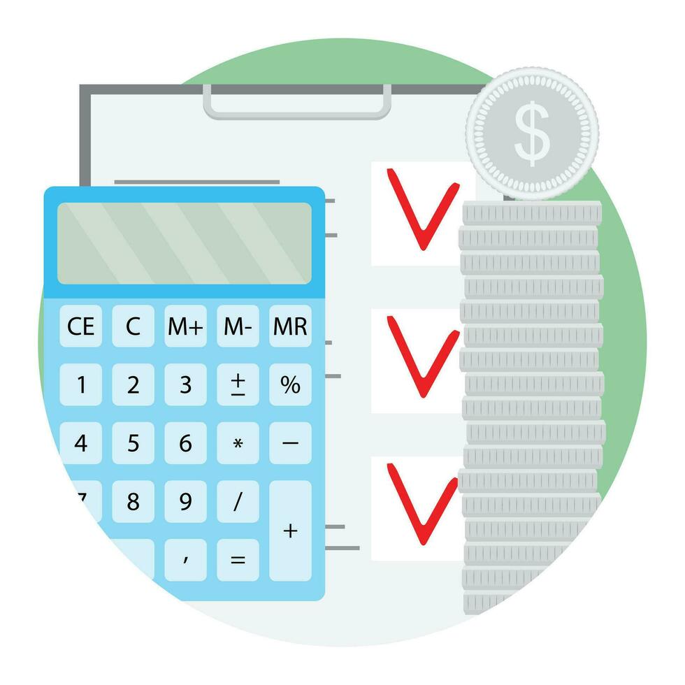 Stack of silver coin with calculator and checklist illustration. Financial planning vector icon flat