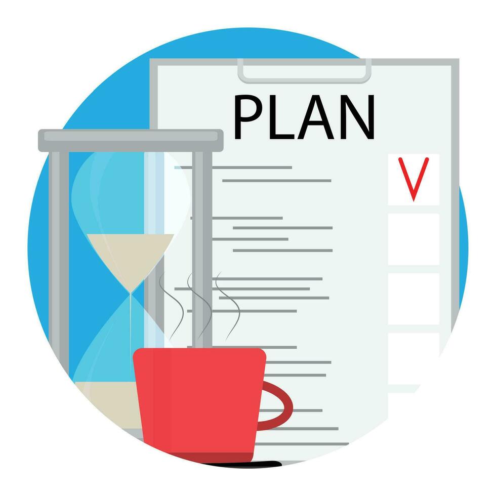 Morning planning with coffee icon vector. Checklist and hourglass illustration vector