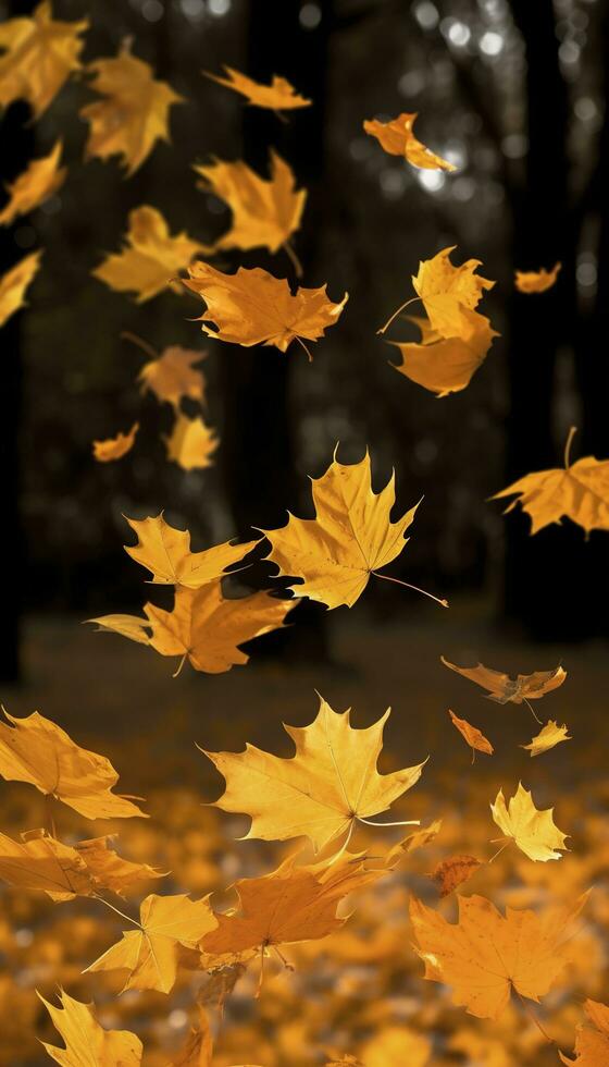 Flying fall maple leaves on autumn background. Falling leaves, seasonal banner with autumn foliage, generate ai photo