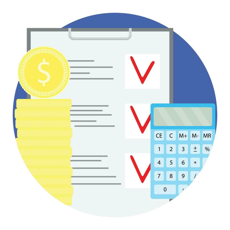 Counting financial budget vector icon. Stock of golden coin with calculator and checklist illustration