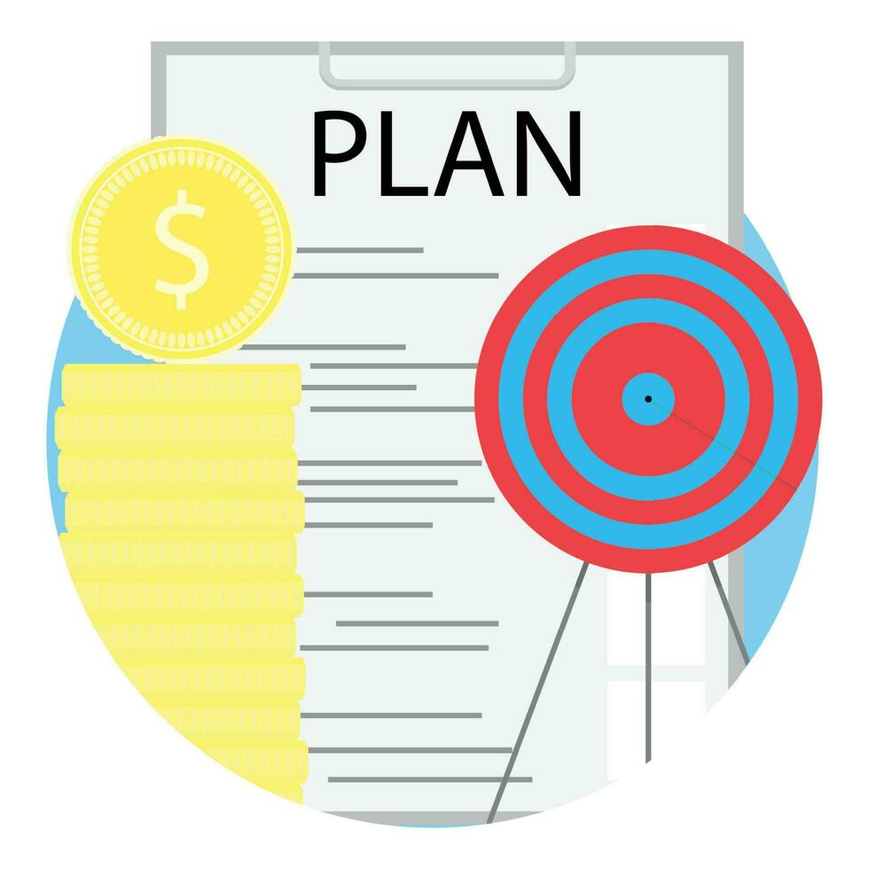 exitoso negocio plan. negocio objetivo y plan objetivo apilar de moneda. vector ilustración web, gestión, organización,