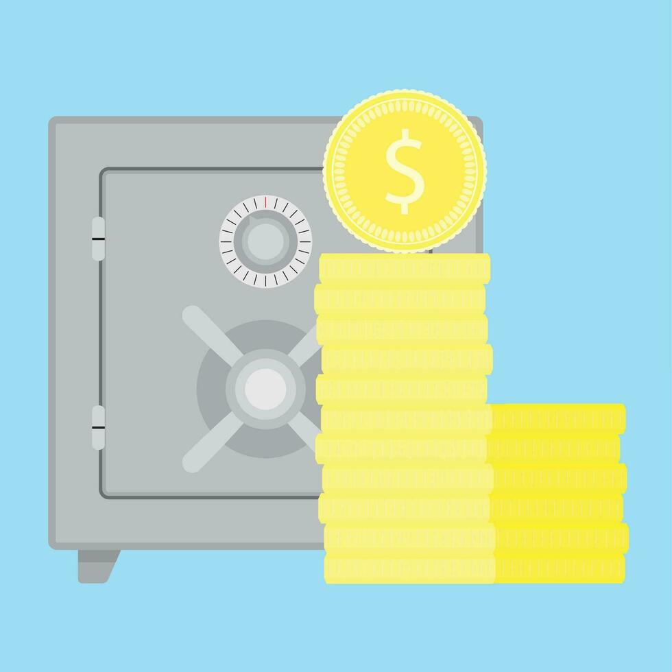 Storage money in safe. Save money in bank safe, protect money, vector