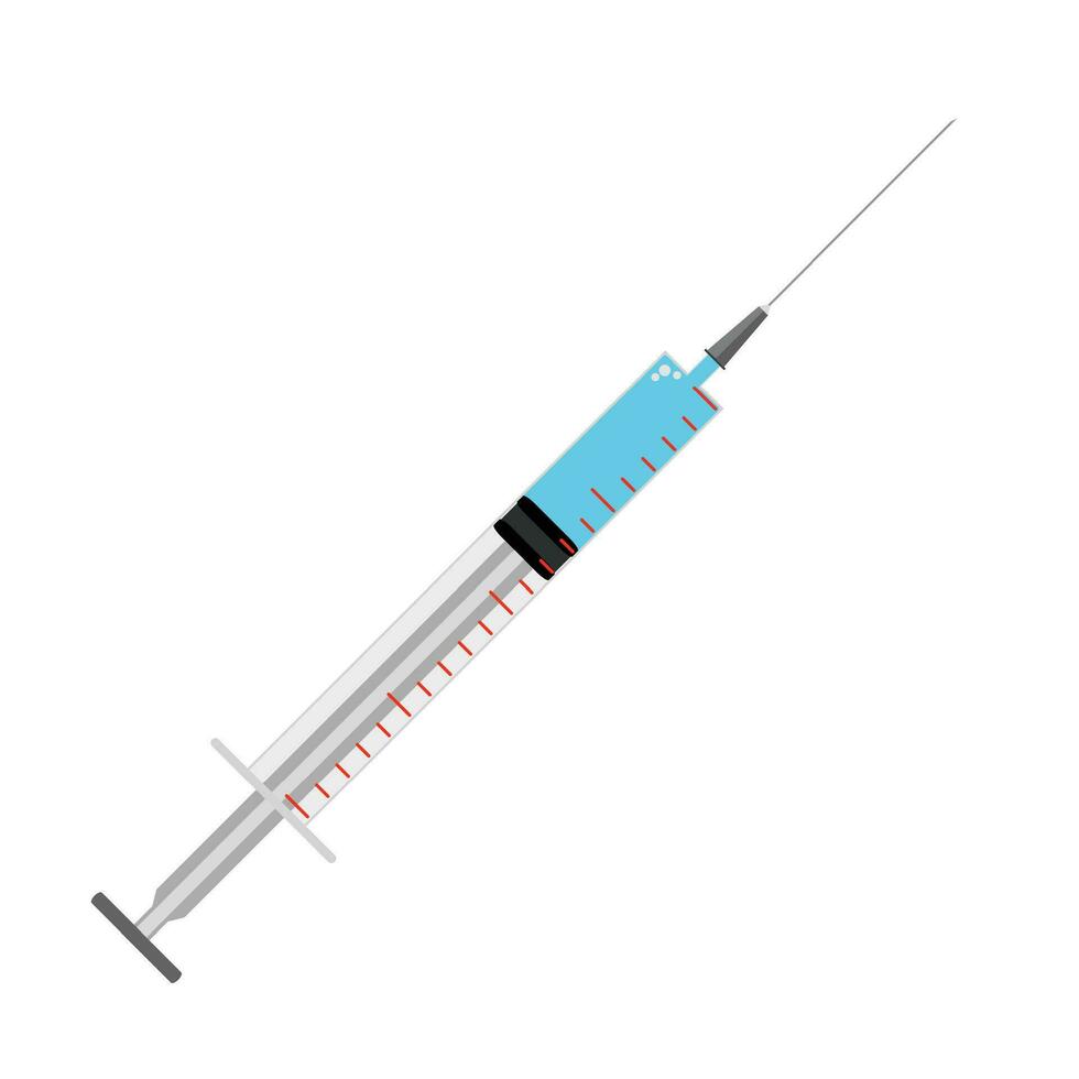 Syringe vector flat isolated on white background. Syringe with needle for medical drug injection, vaccine for care and treatment. Vector illustration