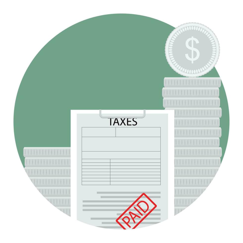 Paid taxes icon. Coin and tax form, paper taxation and accounting income, vector illustration