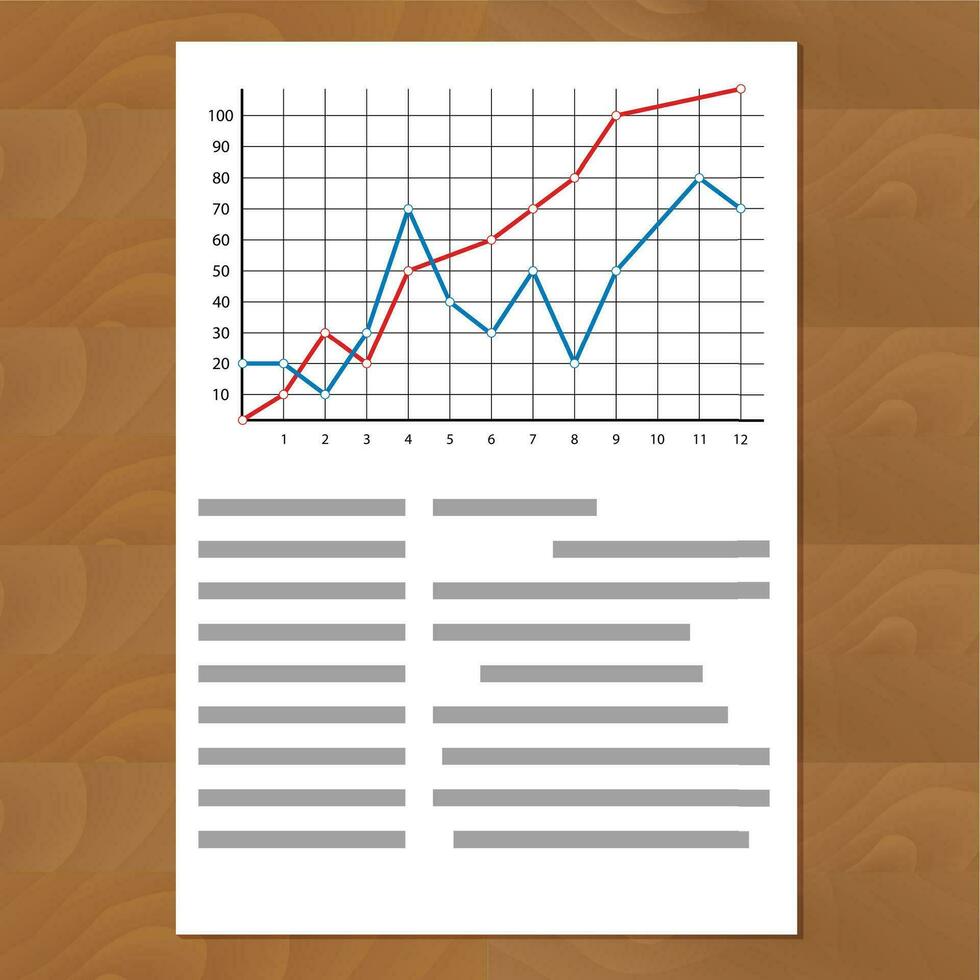 Statistics comparing graph curves. Document paper with color line, annual timeline profit info, vector illustration