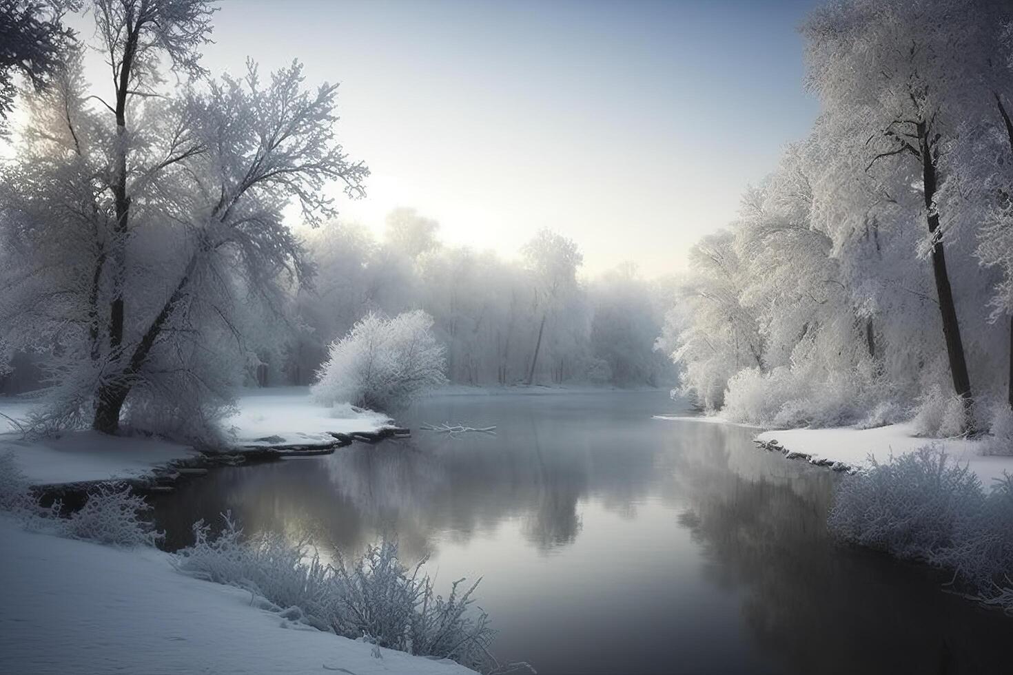 A winter wonderland with a serene and peaceful atmosphere. The scene showcases a winter landscape with snow-covered trees and frozen lake. The sky is painted in light blue and pink hues. photo