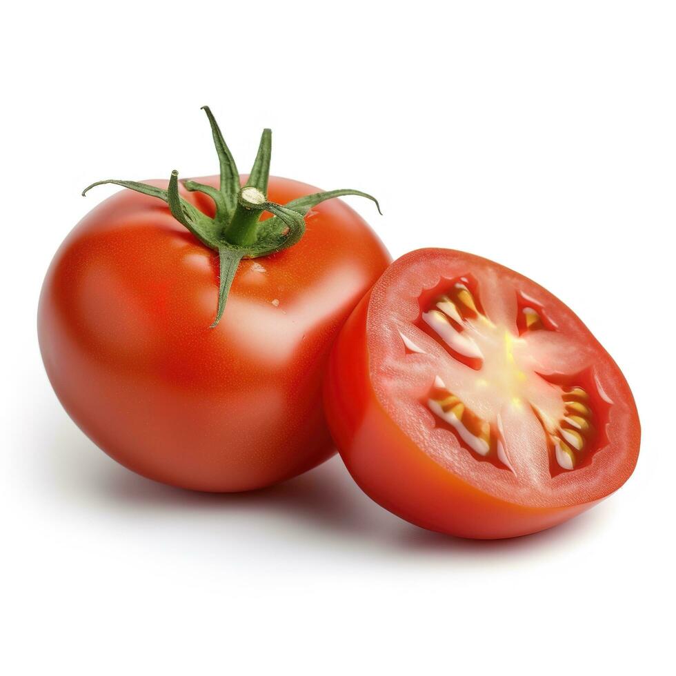 Red tomatoes with cut isolated on white background, generate ai photo