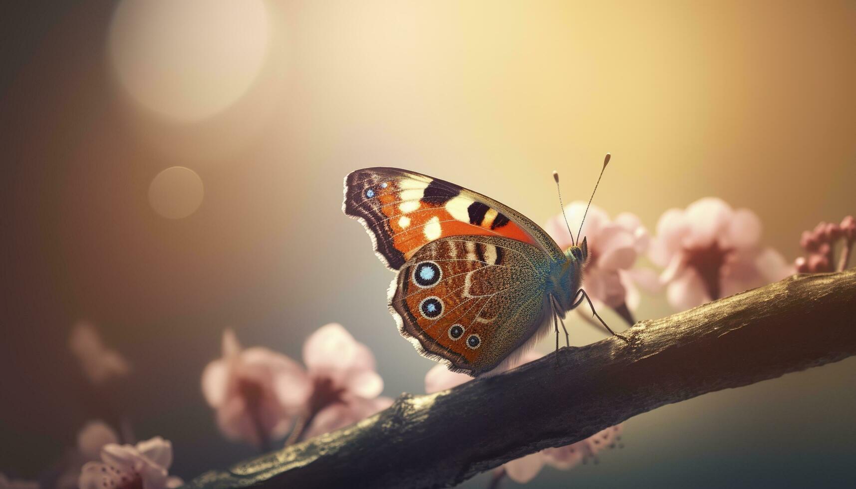 Side view of red admiral butterfly with orange, white, black and brown wings sitting on a purple flower of Argentinian vervain. Sunny summer day in a garden, generate ai photo
