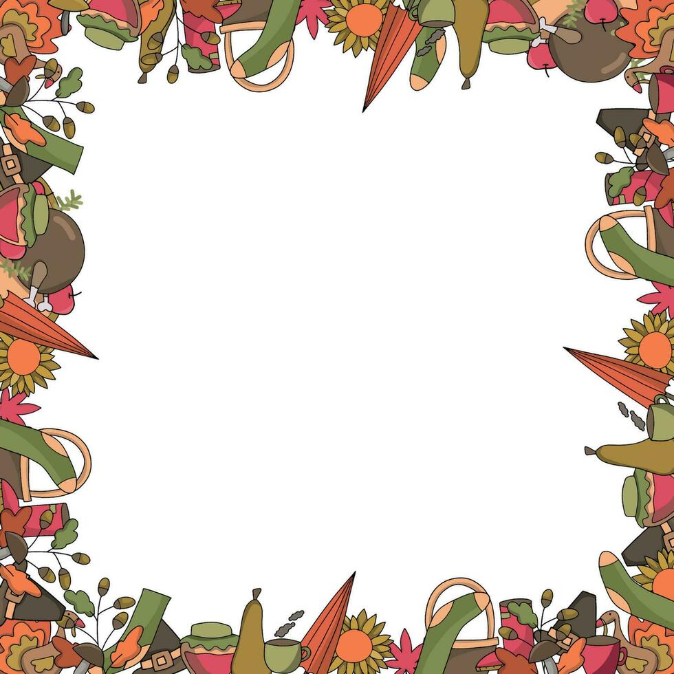 otoño elementos marco. genial gor acción de gracias invitación modelo o tarjeta postal. utilizar esta acogedor otoño dejar, hongos, girasoles, arce, calabaza y muchos más ilustraciones para tu hermosa diseño vector