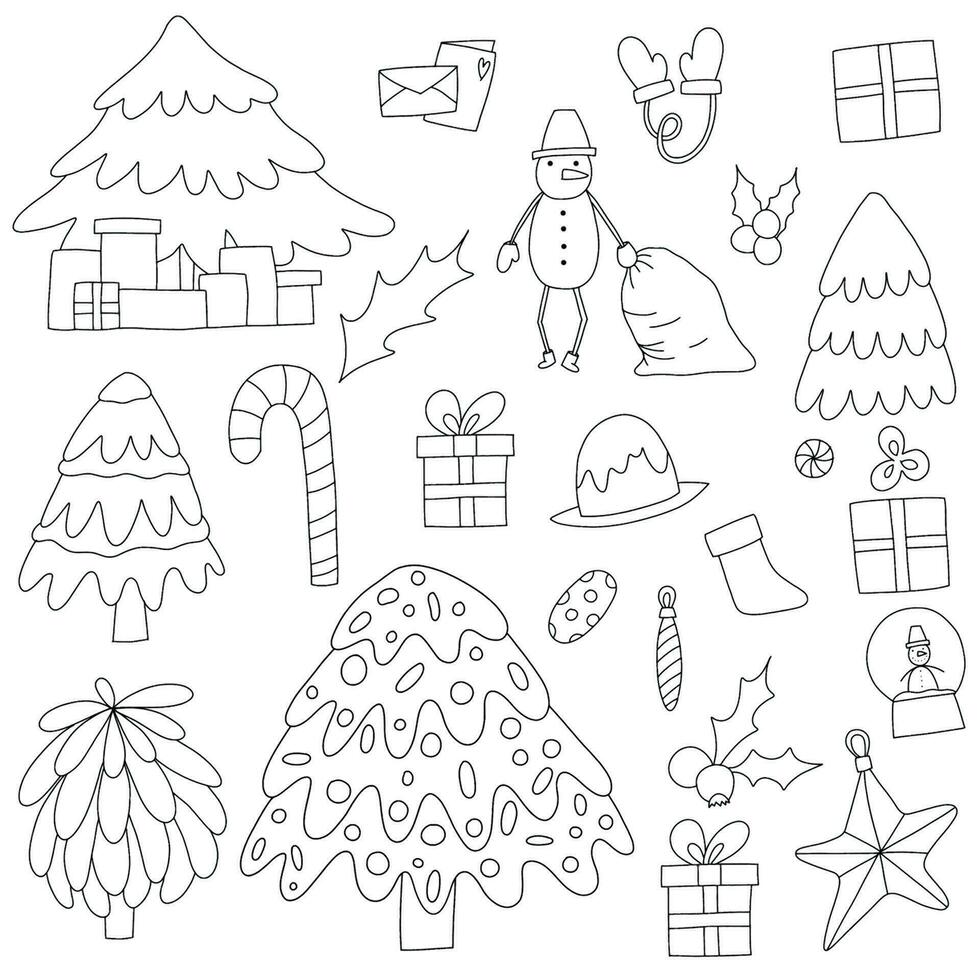 vector hand drawn set of christmas and new year elements. Cozy christmas trees, gifts, decorations, gloves, snow man and postcards. Cozy cute winter illustration