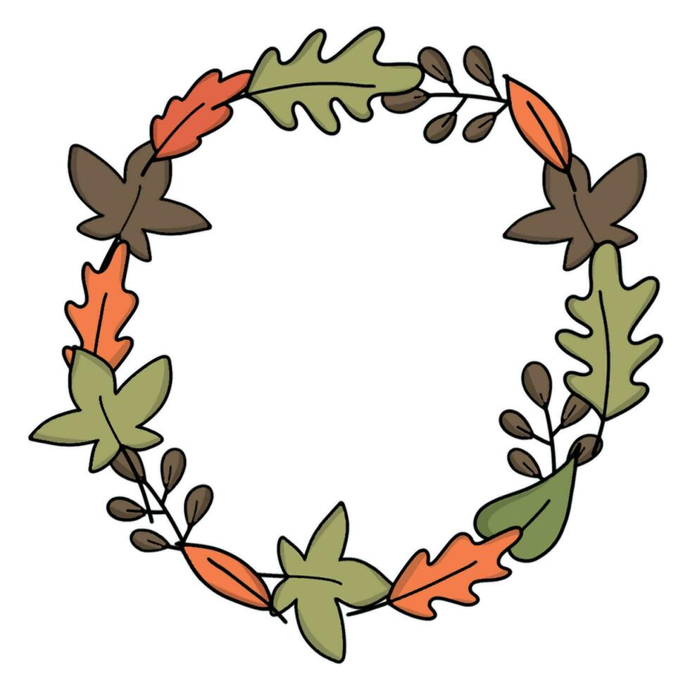 Autumn rustic wreath. Botanical round rim made of leaves and berries vector illustration. Natural cute circular blank frame for invitation or postcard. Cozy fall leaves template