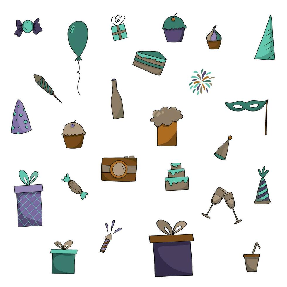Party set. elements of celebration . balloons and gifts, fireworks, drinks and glasses. all elements for happy party . can be used for invitations design, postcards, web, social media icons vector