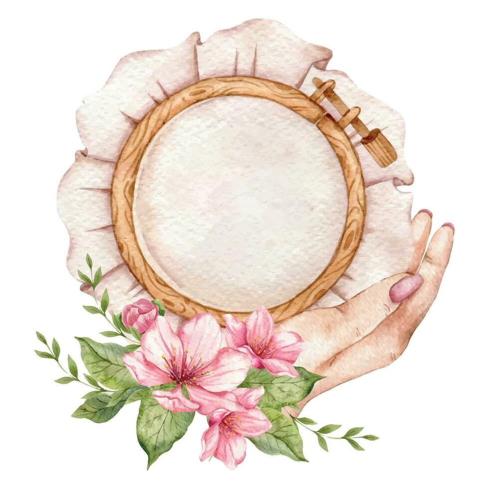 bordado logo. bordado aro. Clásico costura con florales. acuarela ilustración en blanco aislado antecedentes. pasatiempo. hecho en casa pasatiempo. bordado, de coser. Sastre tienda logo. vector