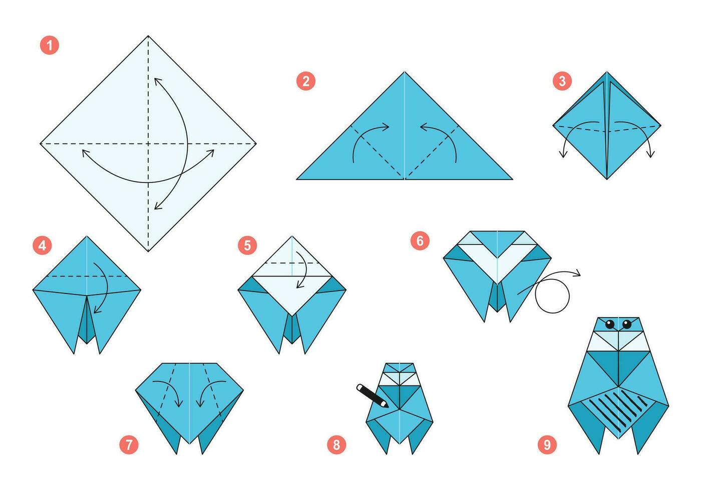 Fly origami scheme tutorial moving model. Origami for kids. Step by step how to make a cute origami insect. Vector illustration.