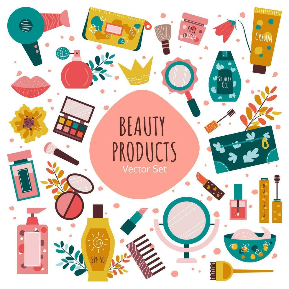 conjunto de diferente mano dibujado belleza cosmético productos para cuerpo, pelo y piel cuidado. haz de productos cosméticos y maquillaje artículos en botellas, tubos y frascos. de colores aislado plano vector ilustración.