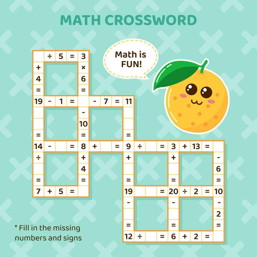 Math Crossword puzzle for kids. Addition, subtraction, multiplication and division. Counting up to 20. Vector illustration. Crossword game with cartoon orange. Task, education material for kids.