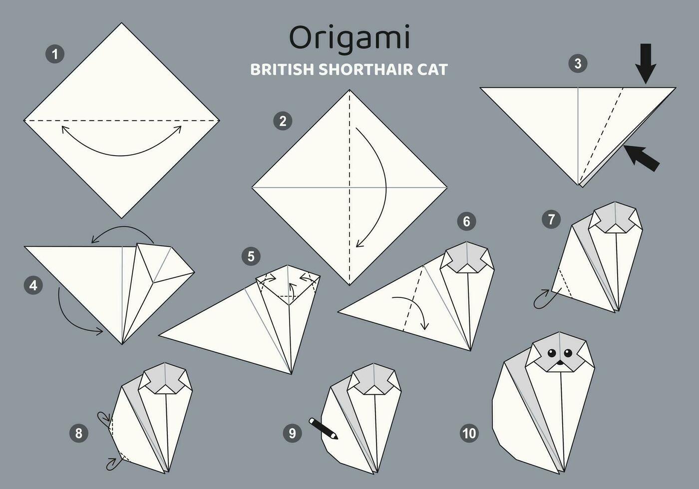 British shorthair cat origami scheme tutorial moving model on grey backdrop. Origami for kids. Step by step how to make a cute origami cat. Vector illustration.