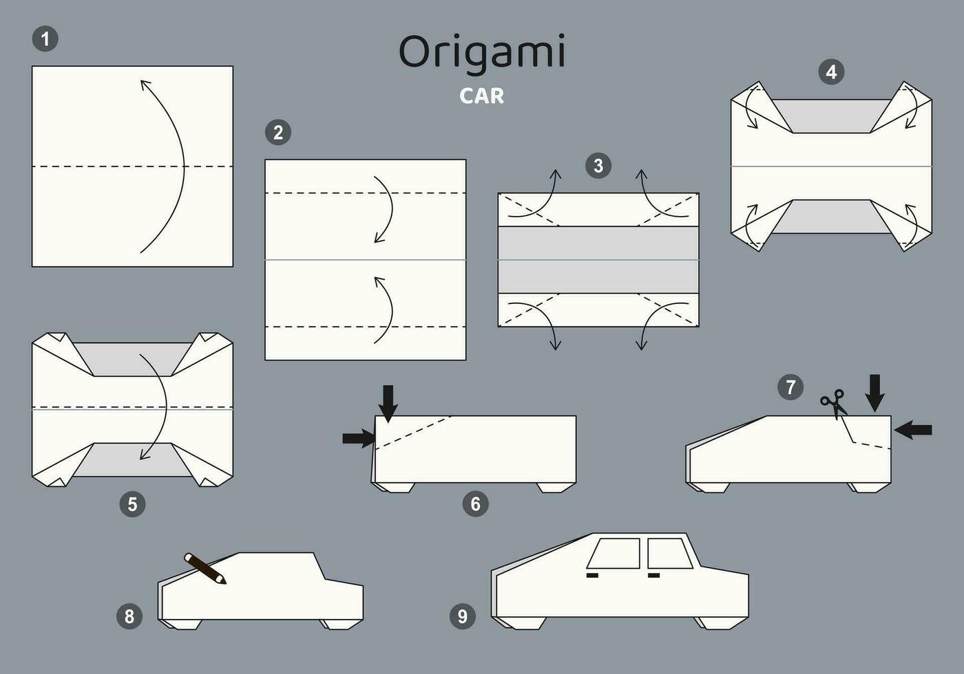 Car origami scheme tutorial moving model on grey backdrop. Origami for kids. Step by step how to make a cute origami automobile. Vector illustration.